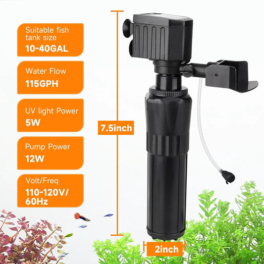 12W UV Aquarium Filter 10–40 Gallon Submersible 115GPH Fresh or Salt Water