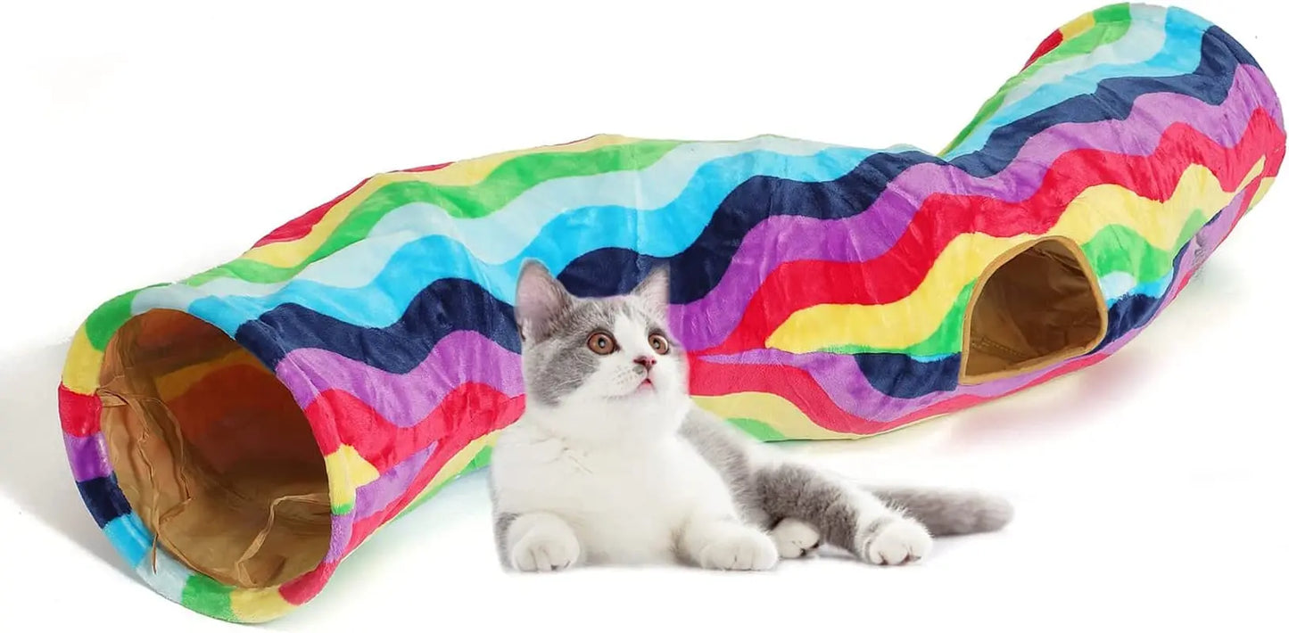 Plush Cat Tunnel Bed & Play Met - Large 10" x 3" Flexible Play Tube with Cushion & Toys for Cats, Kittens & Small Dogs Rainbow Wave S-Shape
