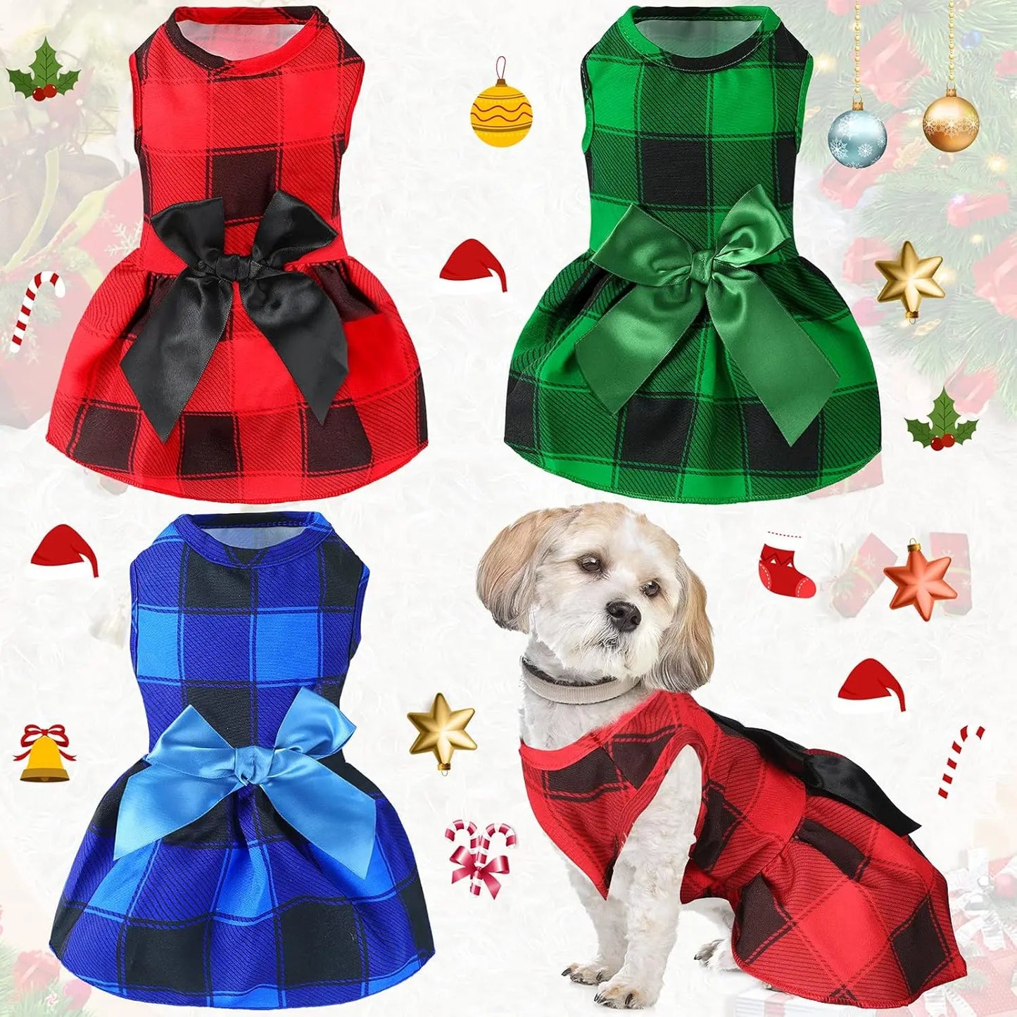 3-Pack Buffalo Plaid Christmas Dog Dresses- Holiday Bowknot Puppy Outfits M (5-7Lbs)