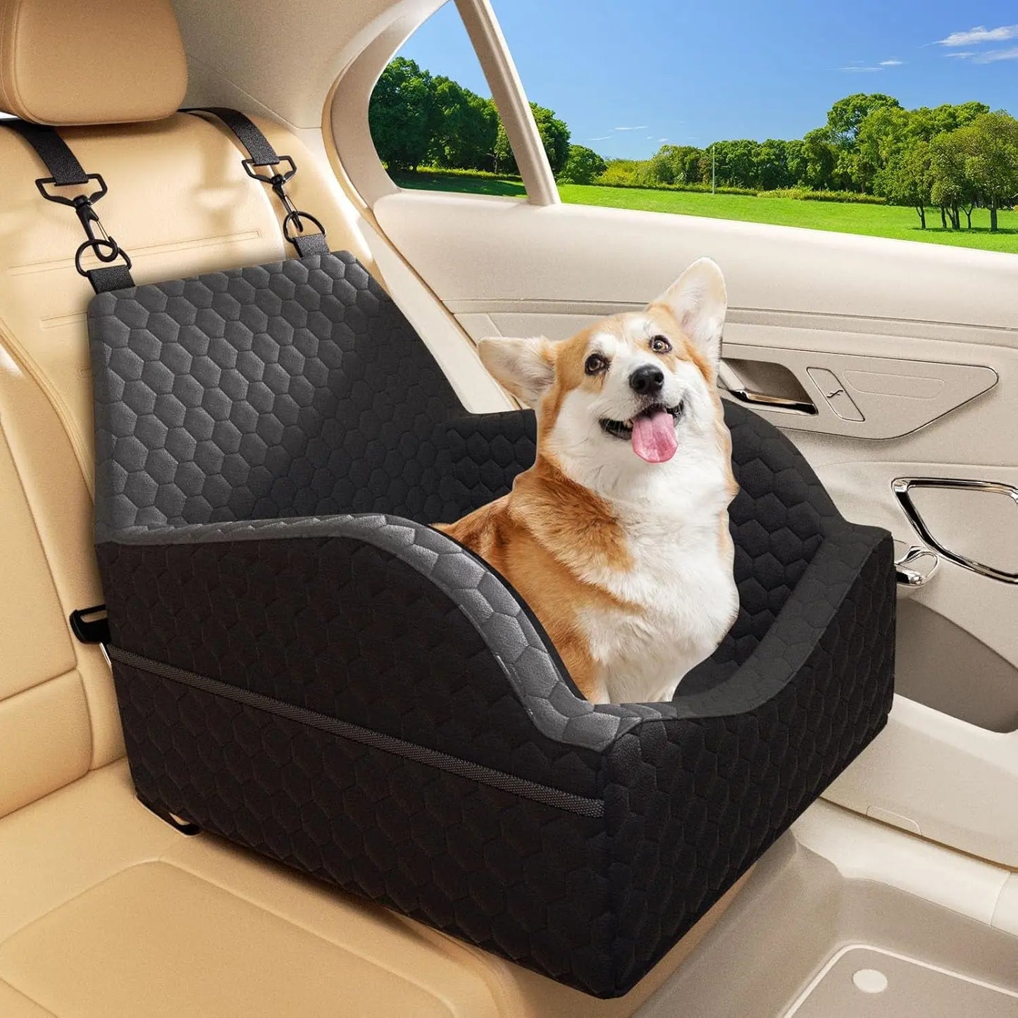 Dog Car Seat for Small Dogs, Elevated Dog Booster Seat Pet Travel Carrier Bed for Car with Adjustable Straps Pet Car Booster Seat for Small Dogs Cats Memory Foam M-30Lbs