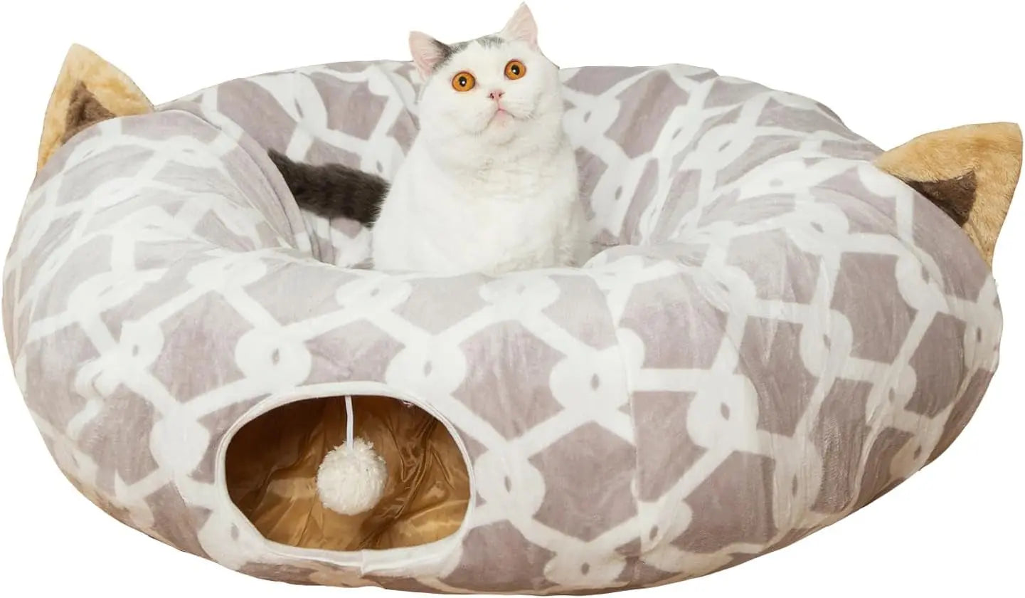 Plush Cat Tunnel Bed & Play Met - Large 10" x 3" Flexible Play Tube with Cushion & Toys for Cats, Kittens & Small Dogs Gray-White Geometric Tunnel Bed
