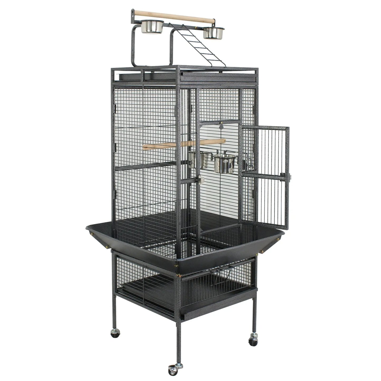 61-In Large Bird Cage Play Top W/Rolling Stand for Parrot Bird Black Iron Frame