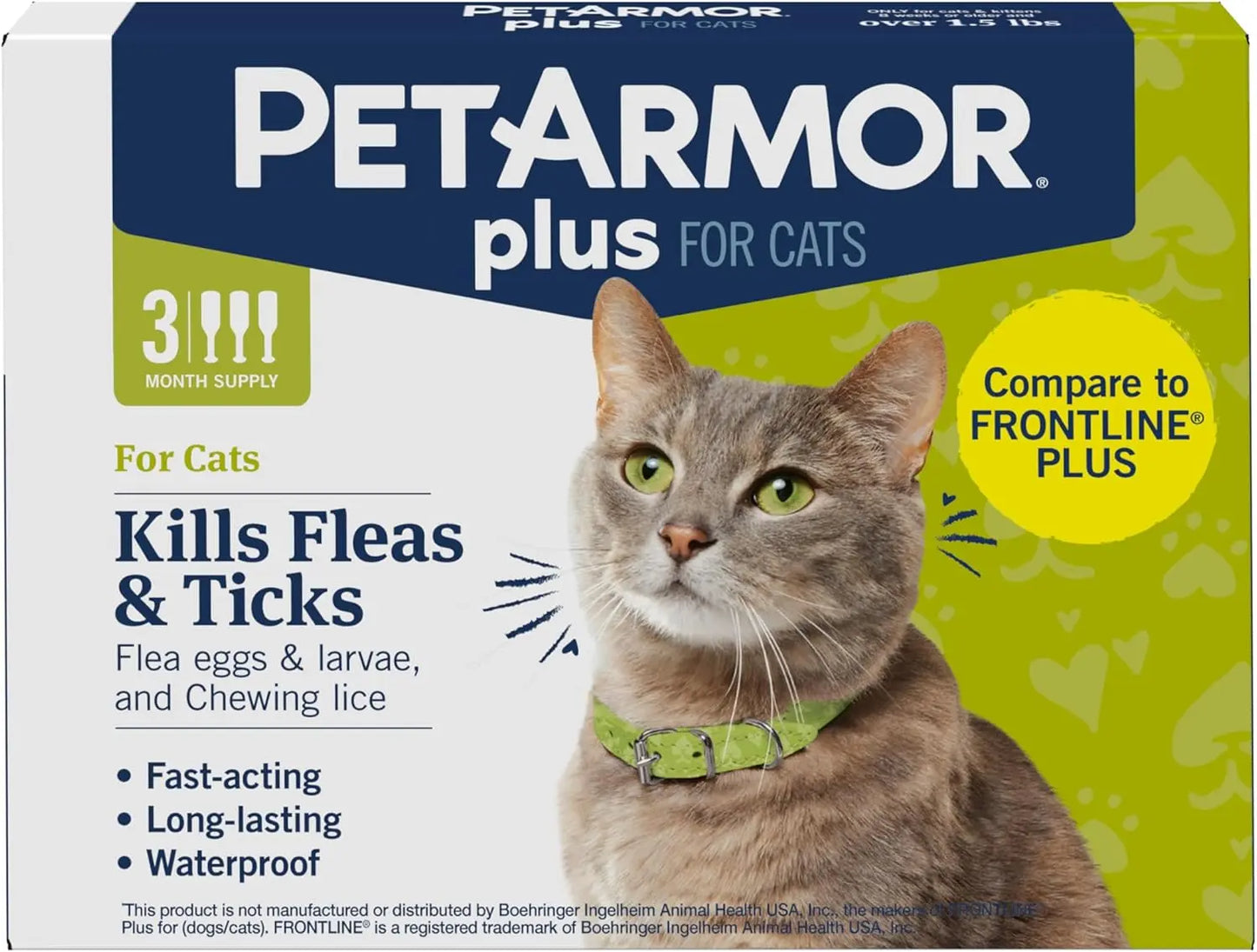PetArmor Plus Flea & Tick Prevention for Dogs & Cats, 3 Doses, Waterproof Cats Over 1.5 Lbs 3 Count