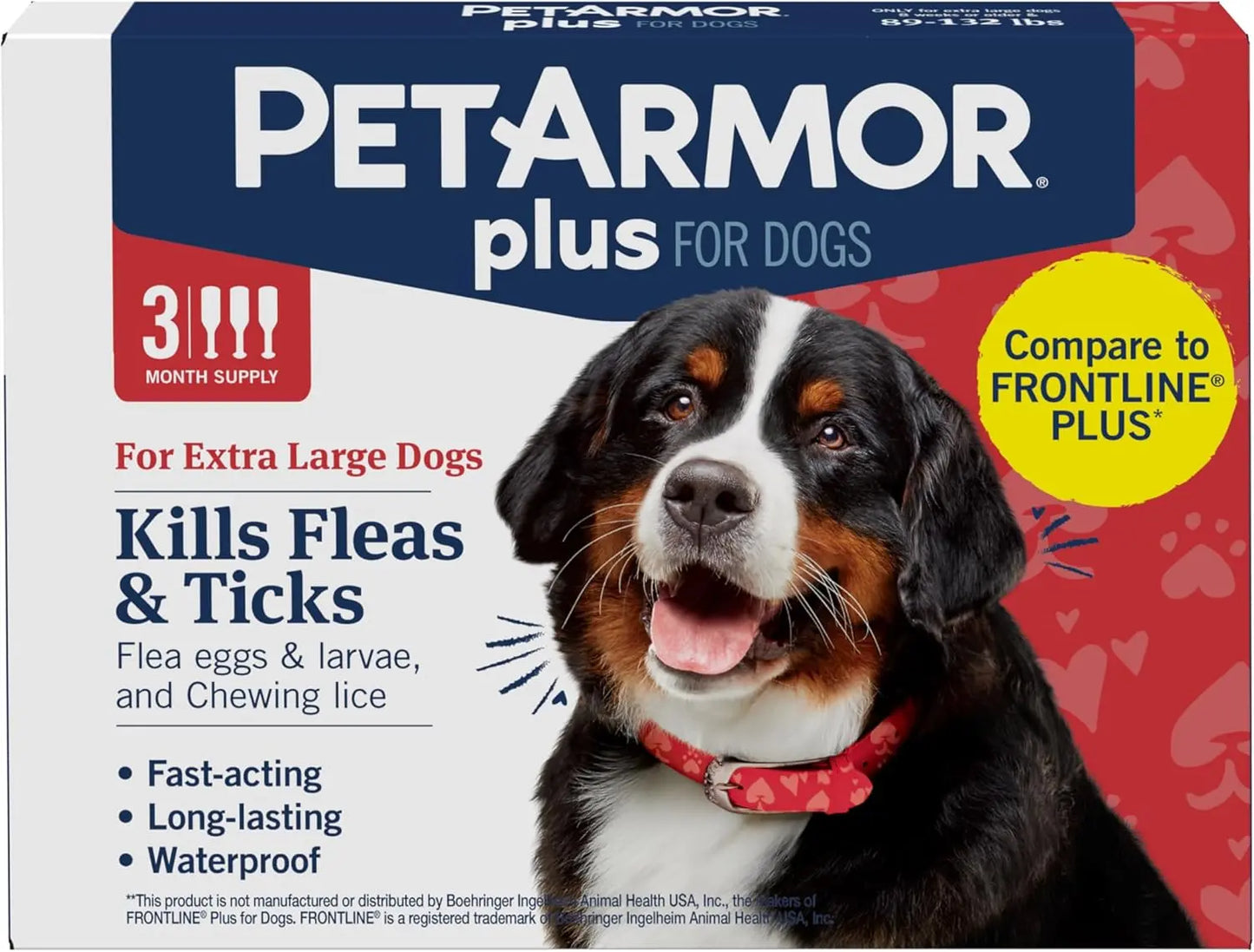 PetArmor Plus Flea & Tick Prevention for Dogs & Cats, 3 Doses, Waterproof 89-132 Lbs 3 Count