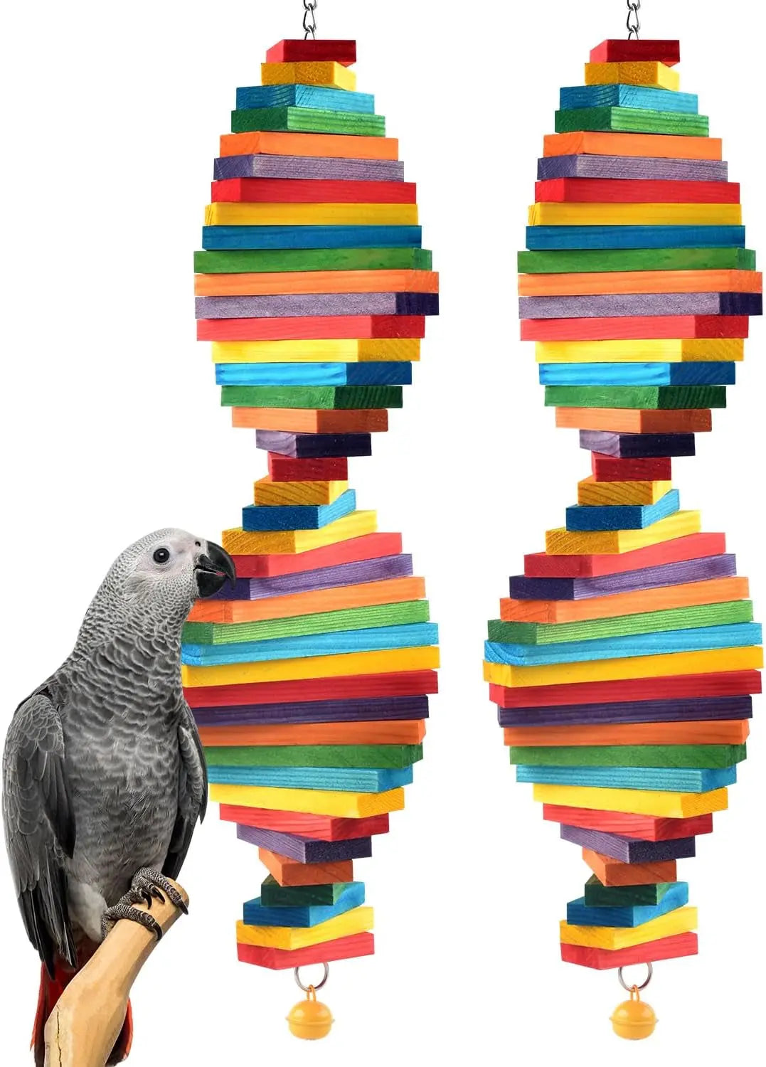 Bird Chew Toy with Wooden Blocks, Hanging Parrot Toy for Medium to Large Birds 2 Pcs