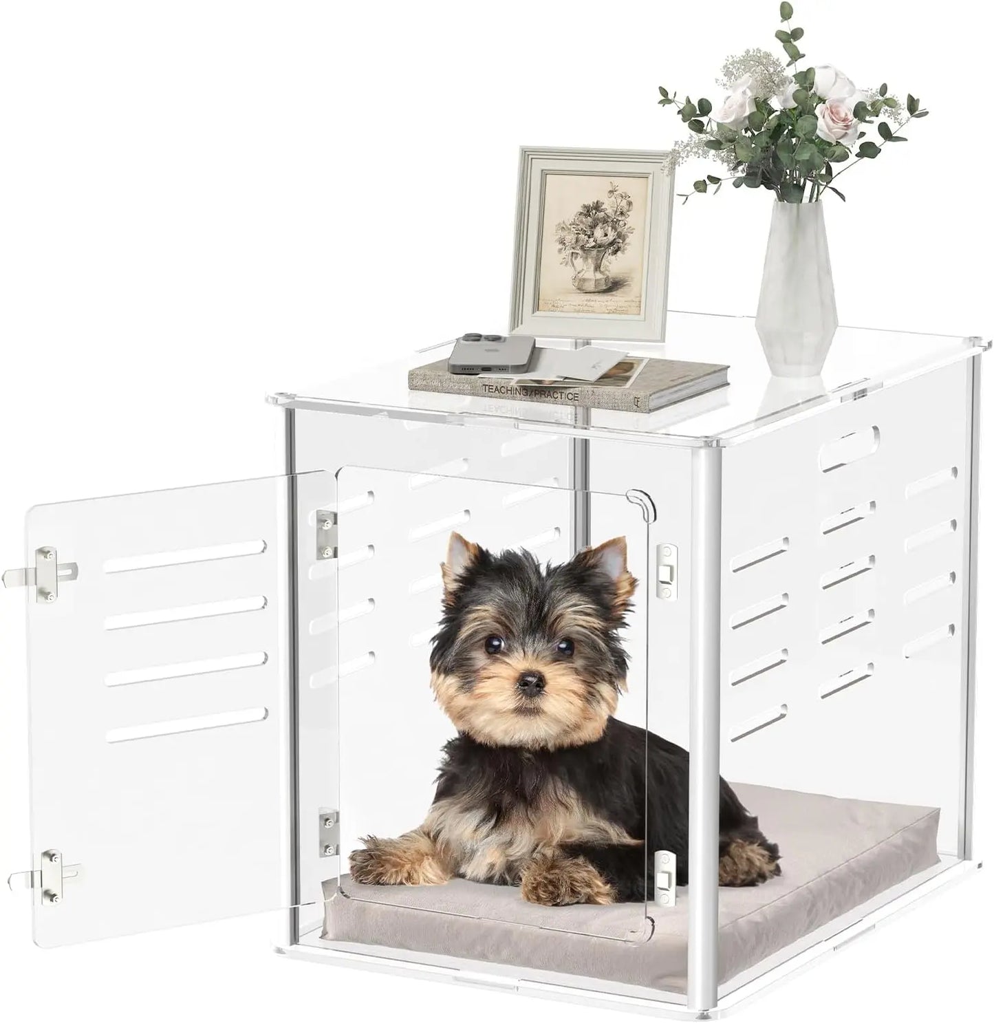 Clear Acrylic Dog Crate Furniture | Lockable Ventilated End Table (Small Pets)