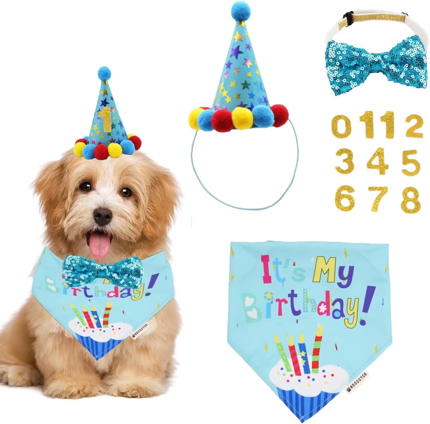 Dog Birthday Bandana, Party Hat & Bow Tie Set for Small- Large Dogs Blue Small