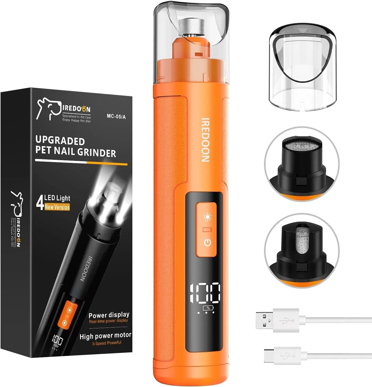 Dog Nail Grinder 3-Speed Quiet w LED Lights Professional Grooming Orange