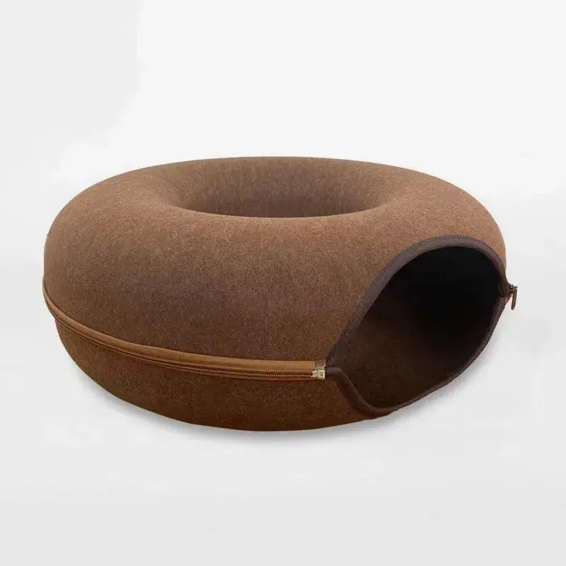 Donut Cat Tunnel Bed with Felt House – Cat Toy, Hideaway & Play Tunnel for Kittens Coffee (105010371_361386) 60X27Cm (105010371_361386)