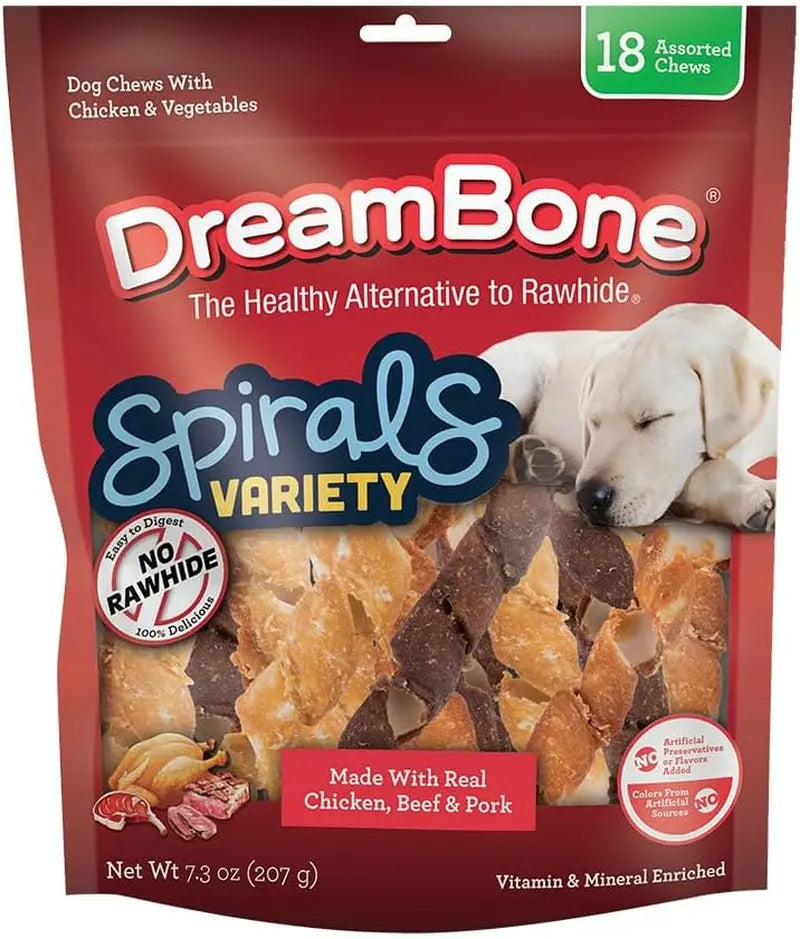 DreamBone Spirals Variety Pack | Rawhide-Free Chews with Real Meat Chicken Beef Pork 7.3 Ounce (Pack Of 1)