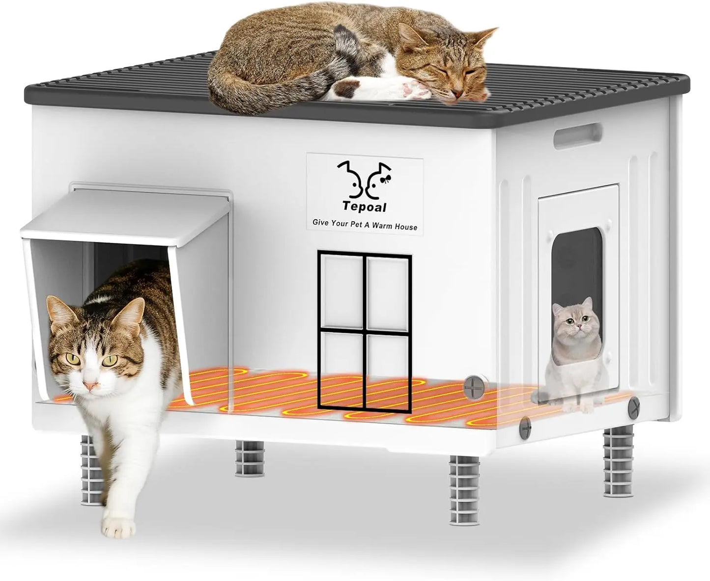 Heated Outdoor Cat House with Escape Door, Insulated Weatherproof Shelter Size 21.7" X 17" X 17.5"
