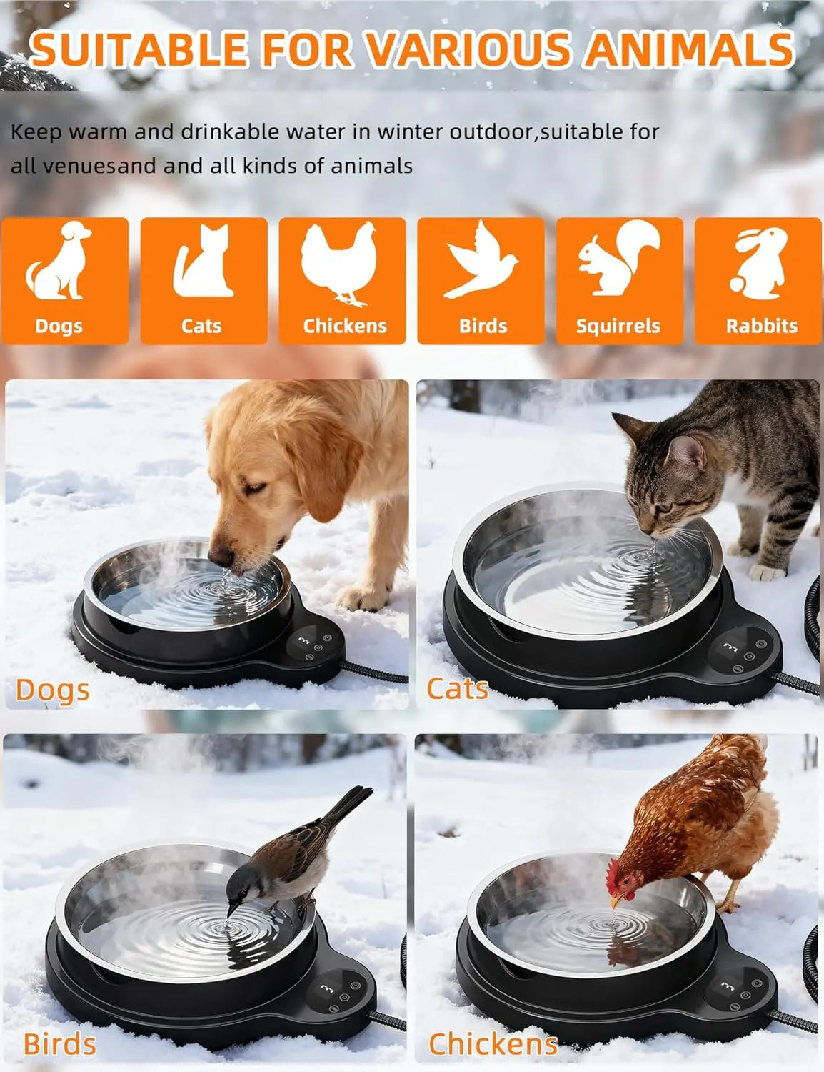 Heated Pet Water Bowl 50oz – 100W Outdoor Stainless Steel Bowl w/ Timer & 3 Heat Levels