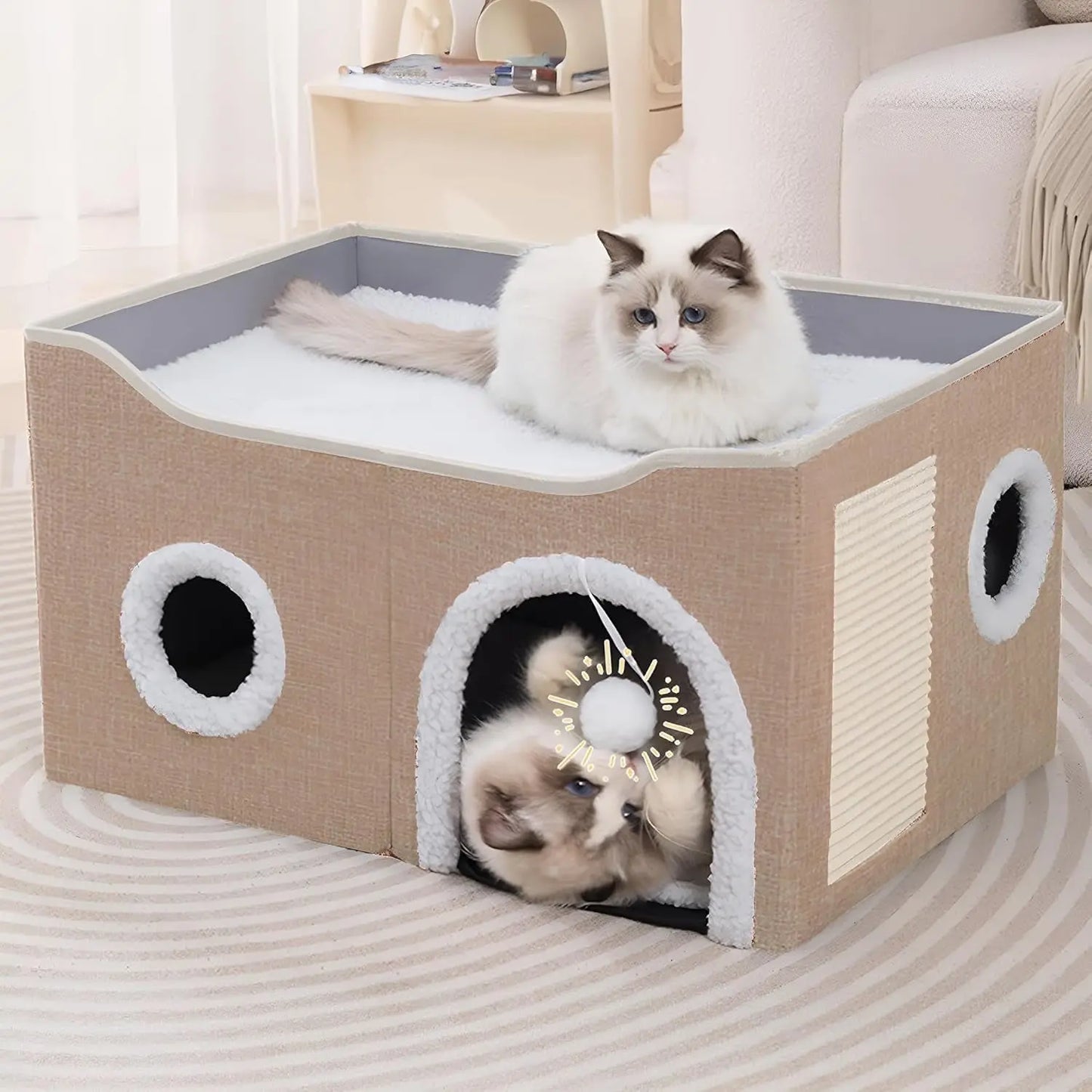 Indoor Cat House Cube with Bed, Scratch Pad & Toy Ball, Foldable Condo Dark Khaki L