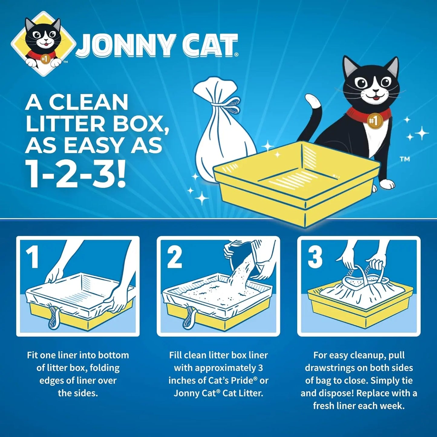 Jonny Cat Heavy-Duty Litter Box Liners – Tear & Leak Resistant, Drawstring, 15 Ct