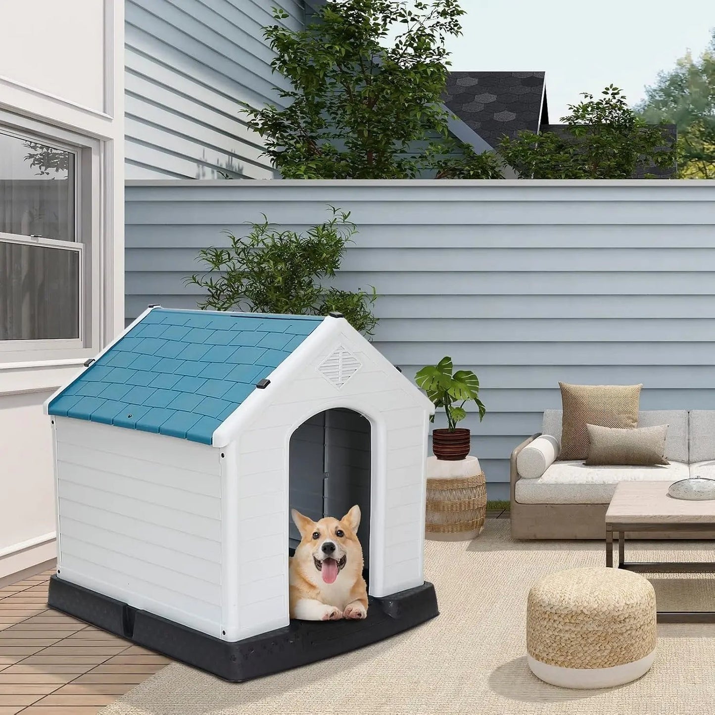 Waterproof Plastic Large Dog House –Outdoor & Indoor Kennel w/ Vents,Raised Floor Blue 32" H*34" W*30.7" D