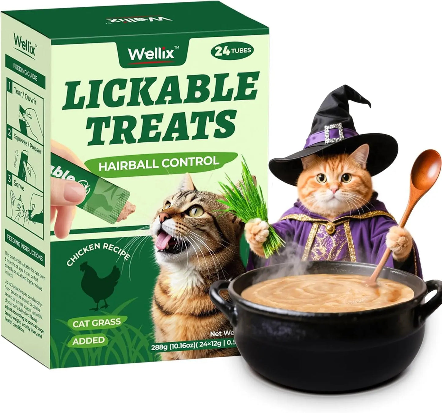 Lickable Cat Treats – Grain-Free Chicken & Goat Milk Squeezable Snacks (24 Ct) Chicken Cat Grass
