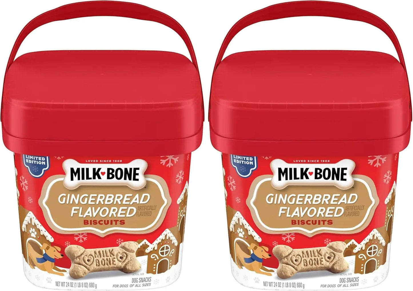 Milk-Bone Limited Edition Gingerbread Flavored Biscuit Dog Treats, 24 Ounce Reusable Pail 1.5 Pound (Pack Of 2)
