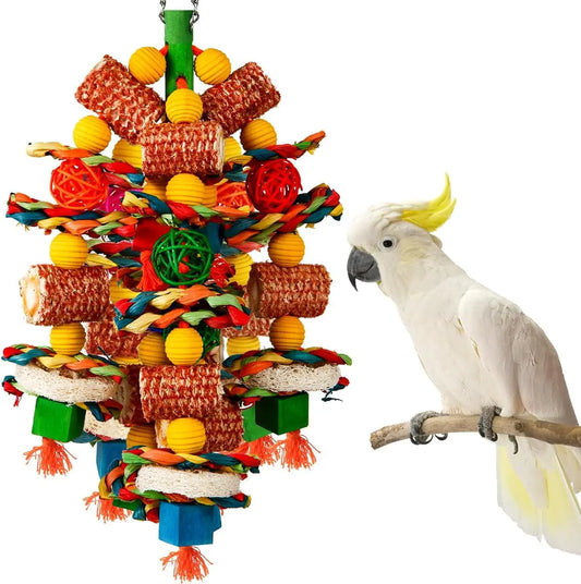 Natural Corn Cob & Loofah Parrot Toy for Large Birds Colorful
