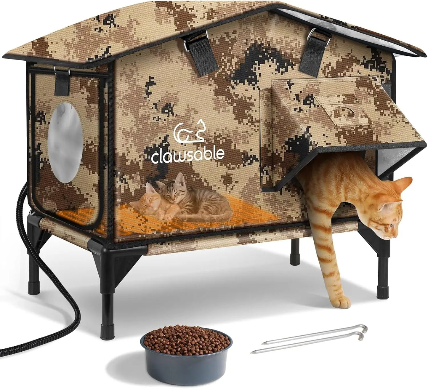 Outdoor Heated Cat House – Insulated Shelter w/ Escape Door & Waterproof Awning Desert Camo 22.0"L X 12.0"W X 20.0"H