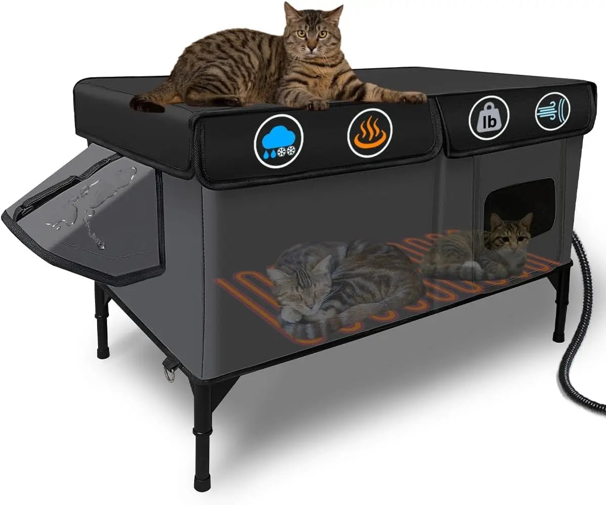 Outdoor Heated Cat House, Waterproof Insulated Shelter with Escape Door (Large)