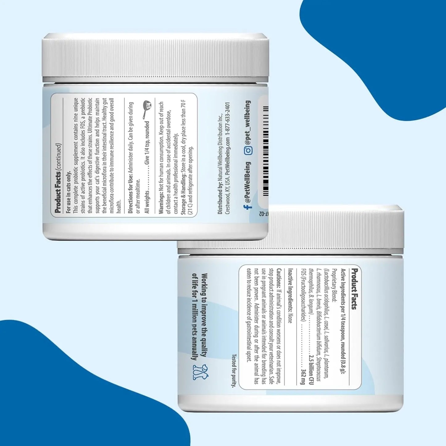 Pet Wellbeing Probiotic for Cats, 9 Strains + Prebiotics, Gut & Immune Support, Urinary Health, 2.5B CFU