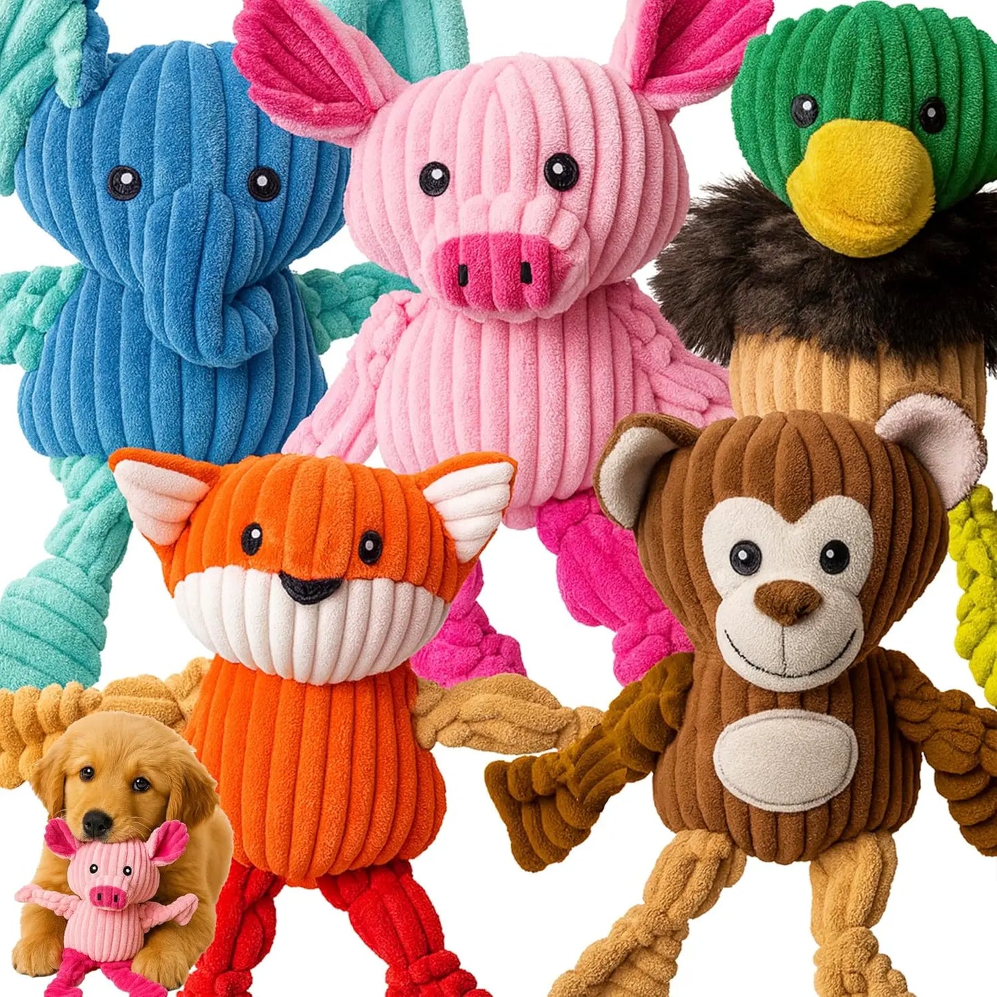 Plush Squeaky Dog Toys 5-Pack Corduroy Set for Medium & Large Dogs 5 Pack Knotted