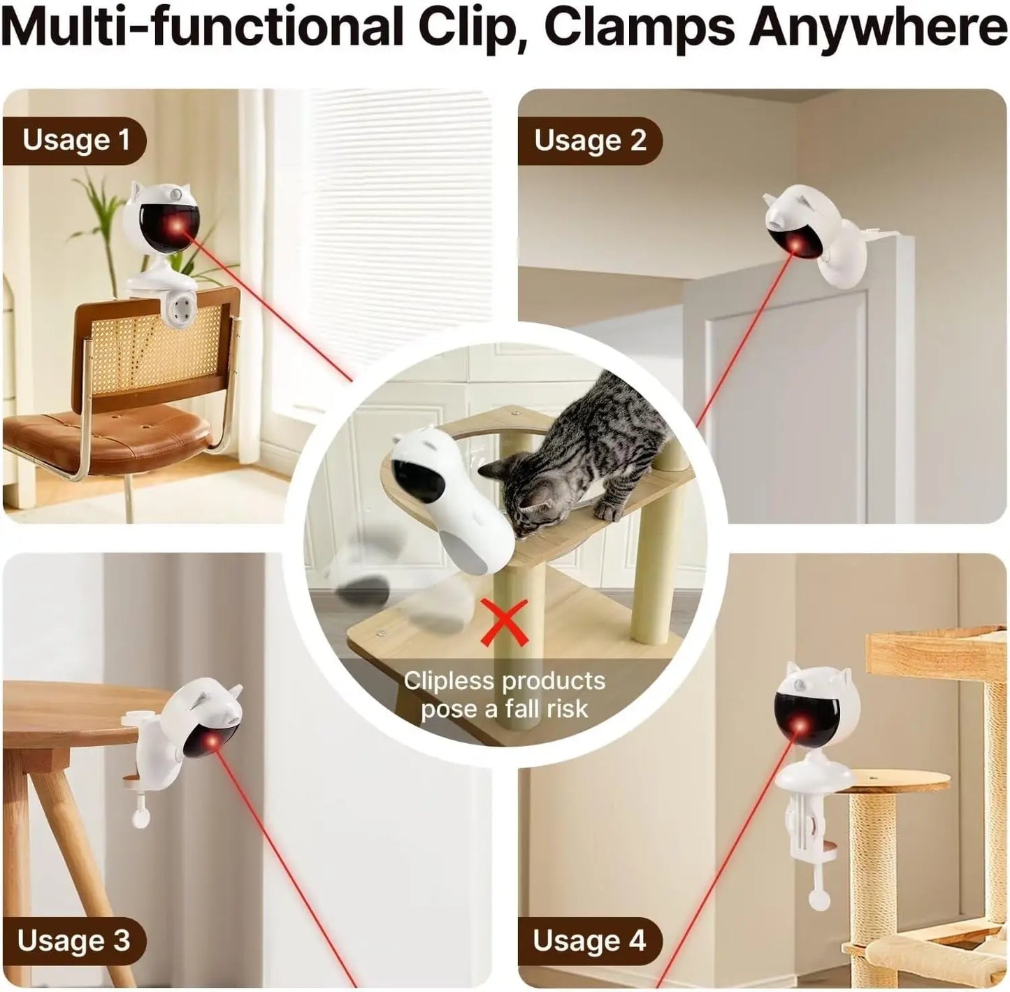 Smart Motion-Activated Cat Laser Toy, Rechargeable Clamp-On Interactive Toy