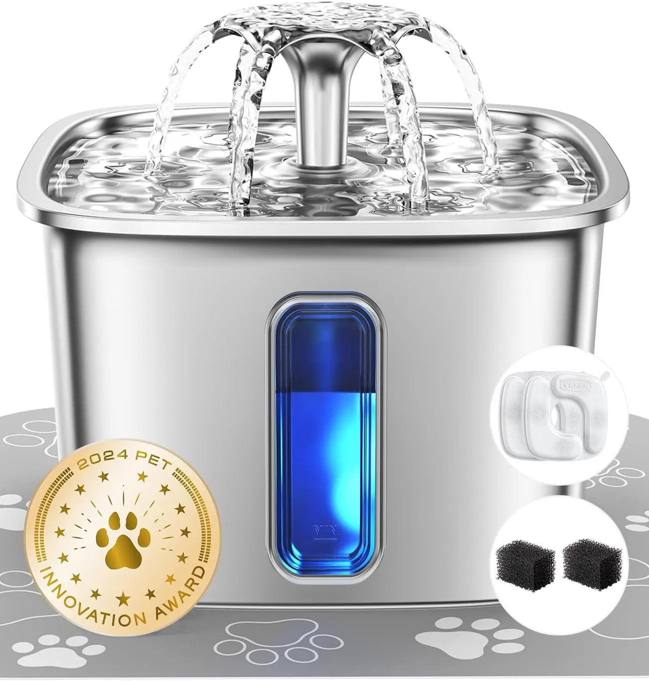 Stainless Steel Pet Water Fountain 95oz Quiet Automatic with Filters & Mat