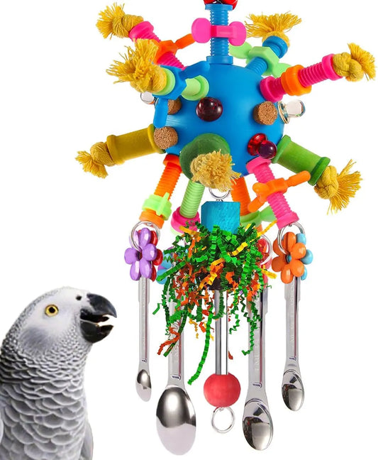Stainless Steel Spoon Parrot Toy w/ Acrylic & Foraging Ball Blue Blue