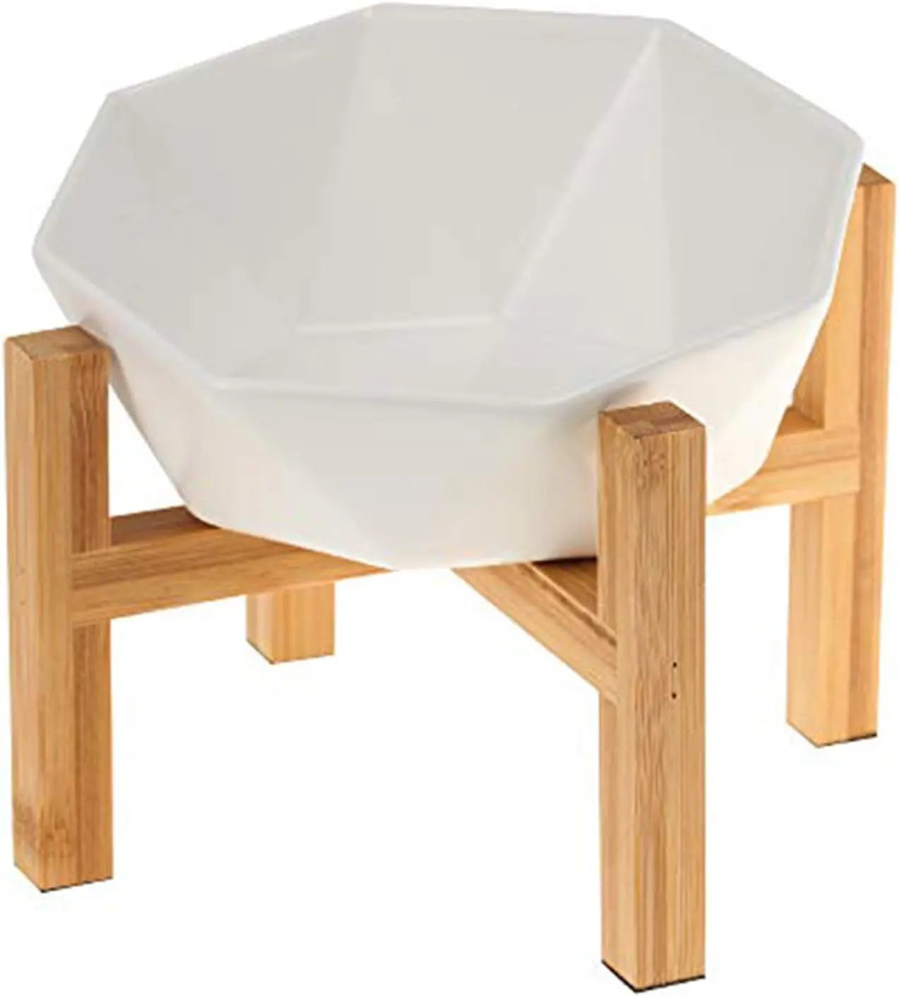 Tilted Elevated Ceramic Pet Bowl with Bamboo Stand | Modern Feeding Dish White With Stand