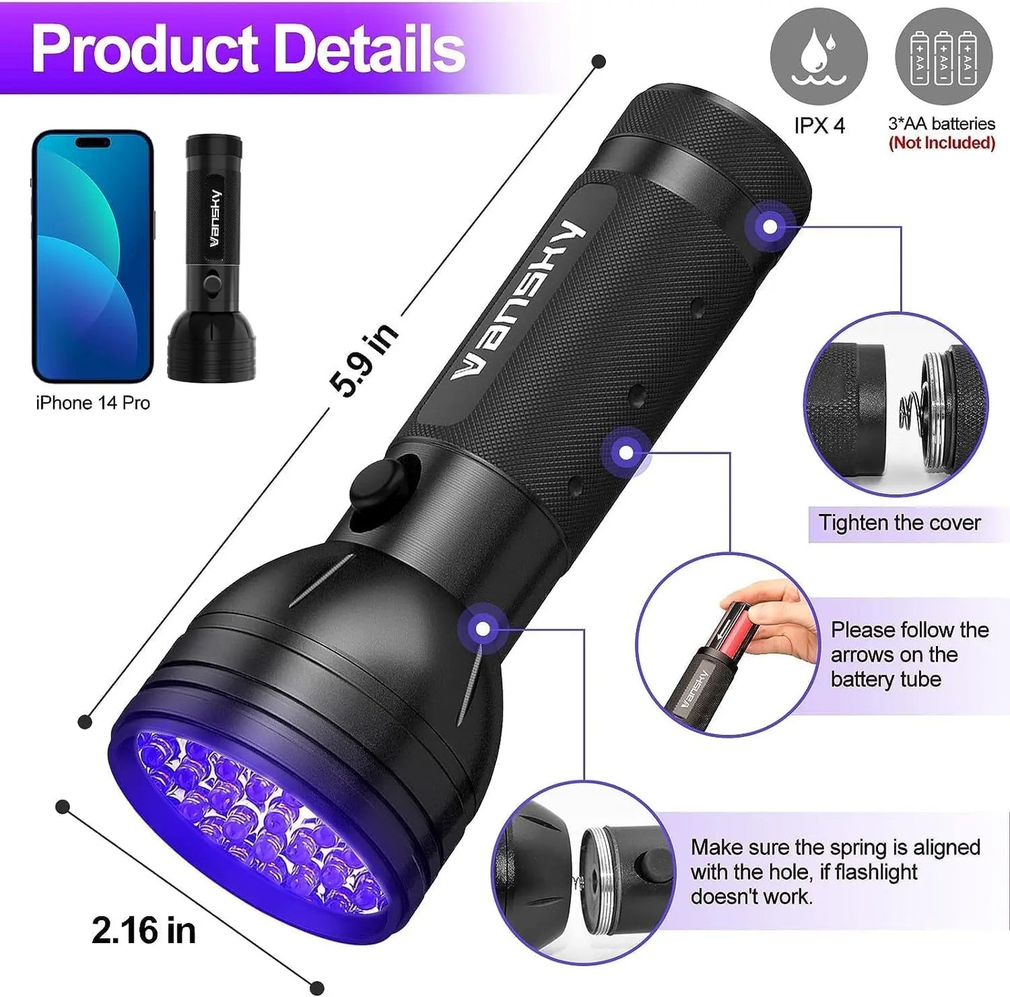UV Blacklight, 51 LED Pet Urine & Stain Detector, Bed Bug & Scorpion Finder