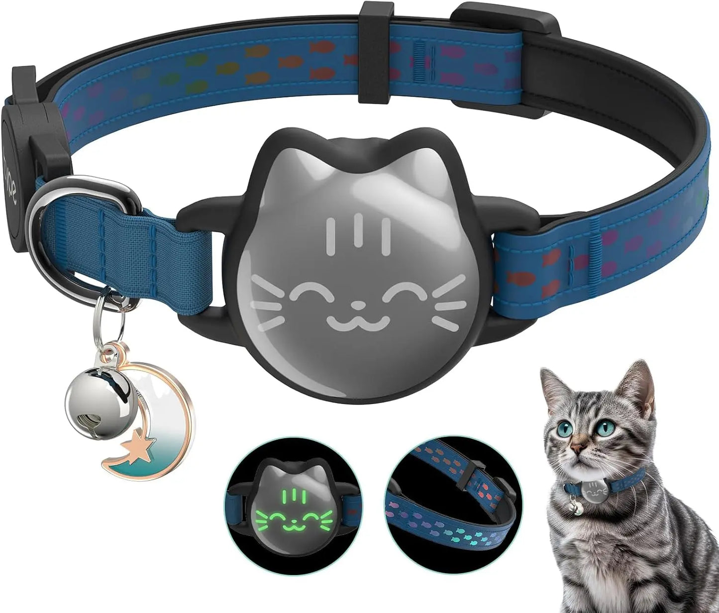 Waterproof Reflective AirTag Cat Collar, Breakaway Safety GPS Holder for Cats Cyan Blue Small(9-13Inch)