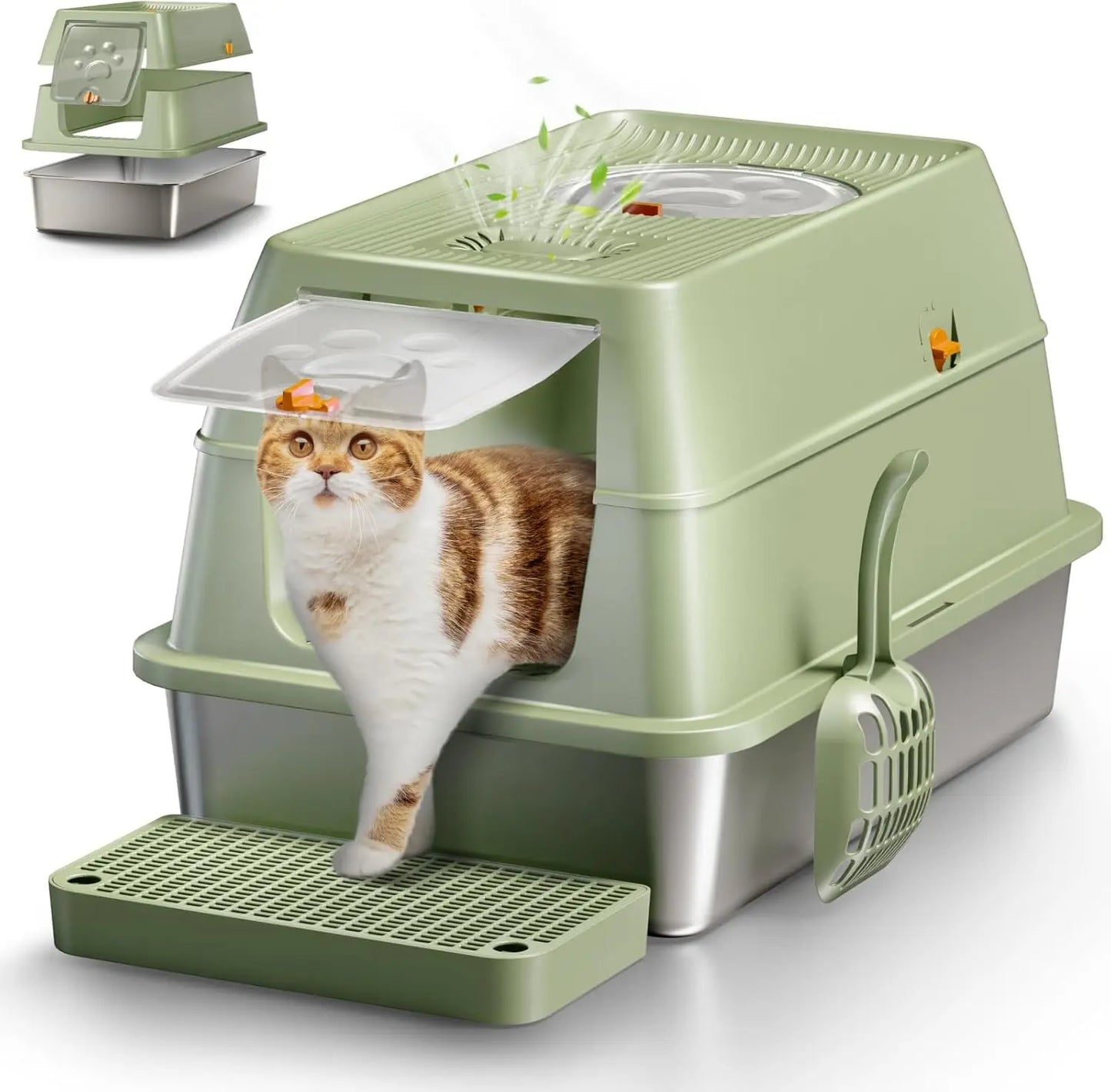 XL Stainless Steel Flip-Top Covered Cat Litter Box with Lid & Scoop Green