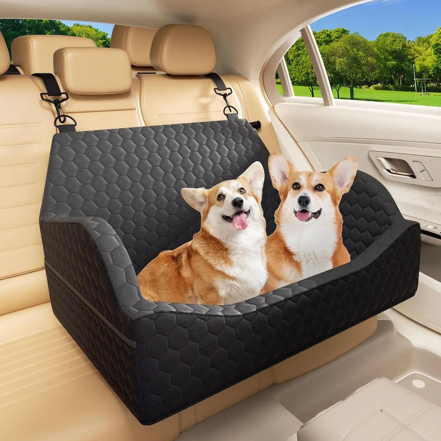 Dog Car Seat for Small Dogs, Elevated Dog Booster Seat Pet Travel Carrier Bed for Car with Adjustable Straps Pet Car Booster Seat for Small Dogs Cats Memory Foam Xl-55Lbs