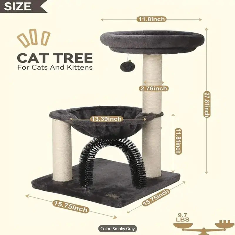 27.5" Cat Tower for Indoor Cats, Multi-Level Scratching Posts, Plush Basket & Perch, Dangling Ball for Play & Rest