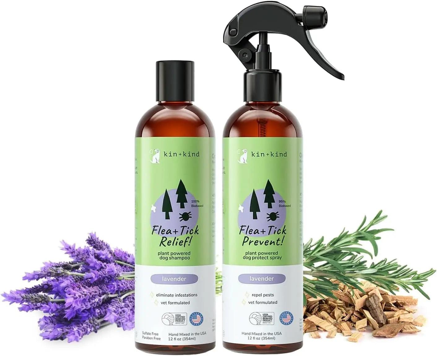kin+kind Flea & Tick Shampoo & Spray Kit for Dogs & Cats – Plant-Based Lavender Shampoo - Lavender Spray