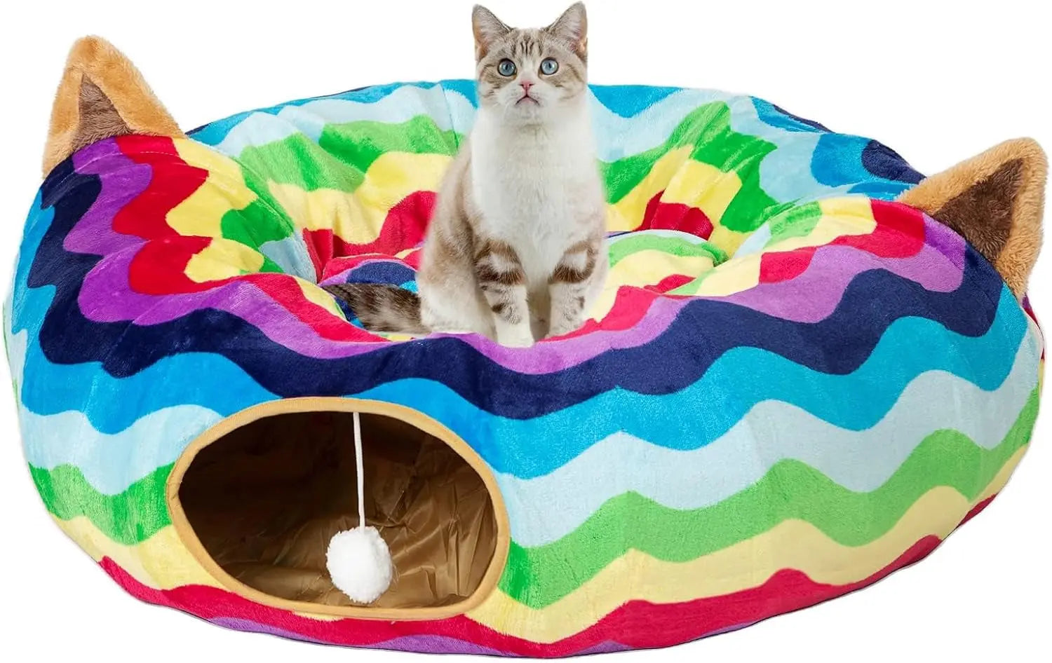 Plush Cat Tunnel Bed & Play Met - Large 10" x 3" Flexible Play Tube with Cushion & Toys for Cats, Kittens & Small Dogs Rainbow Wave Tunnel Bed