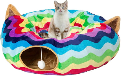 Plush Cat Tunnel Bed & Play Met - Large 10" x 3" Flexible Play Tube with Cushion & Toys for Cats, Kittens & Small Dogs Rainbow Wave Tunnel Bed