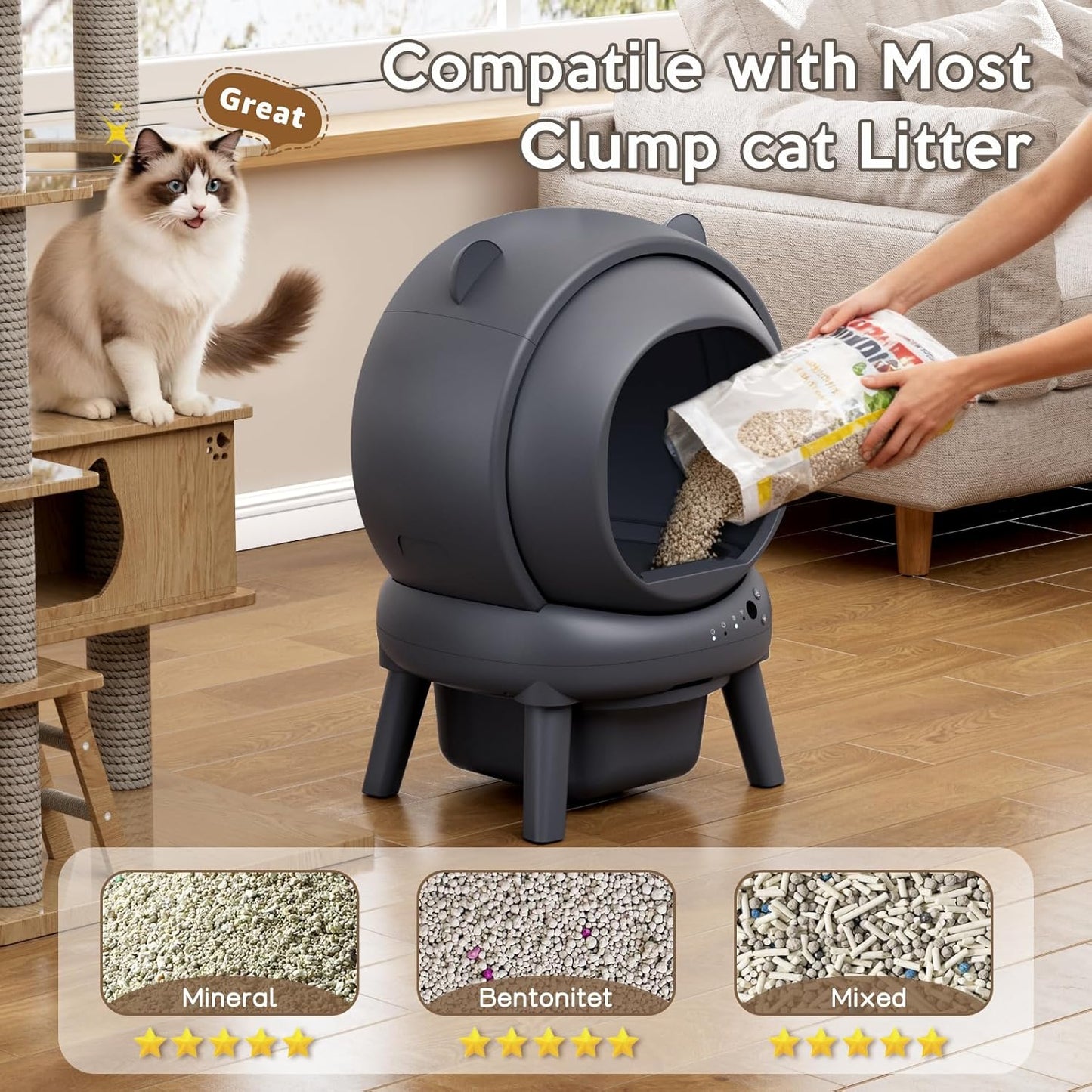 Automatic Self Cleaning Litter Box App Control Multi Cat Gray