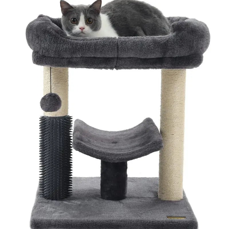 27.5" Cat Tower for Indoor Cats, Multi-Level Scratching Posts, Plush Basket & Perch, Dangling Ball for Play & Rest