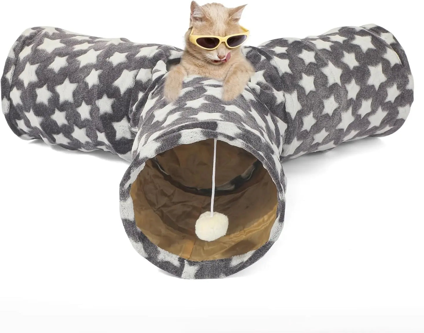 Plush Cat Tunnel Bed & Play Met - Large 10" x 3" Flexible Play Tube with Cushion & Toys for Cats, Kittens & Small Dogs Gray Star 3 Way