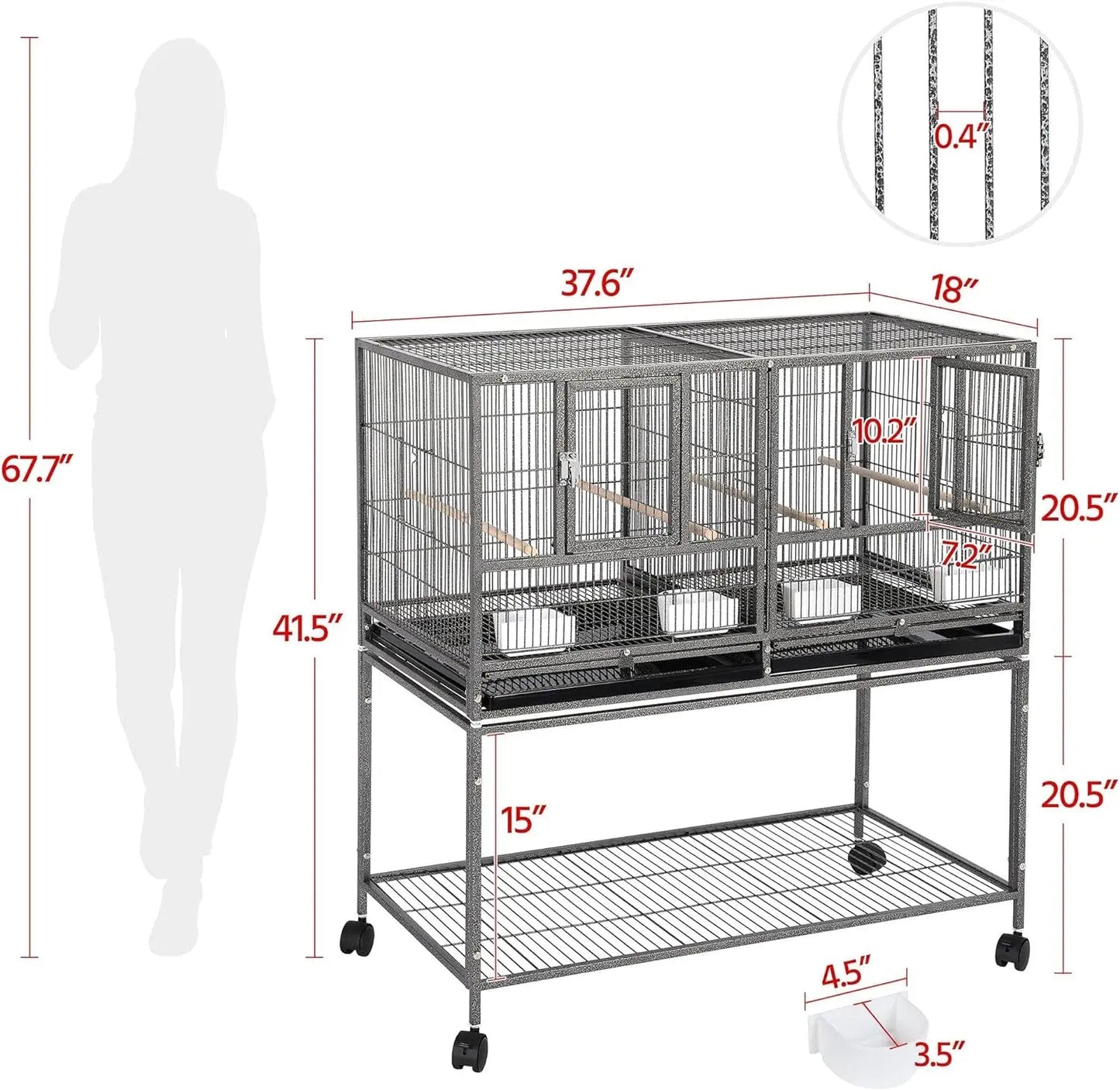Large Stackable Divided Breeding Bird Cage (41.5") with Rolling Stand - Perfect for Cockatiels, Lovebirds & Budgies