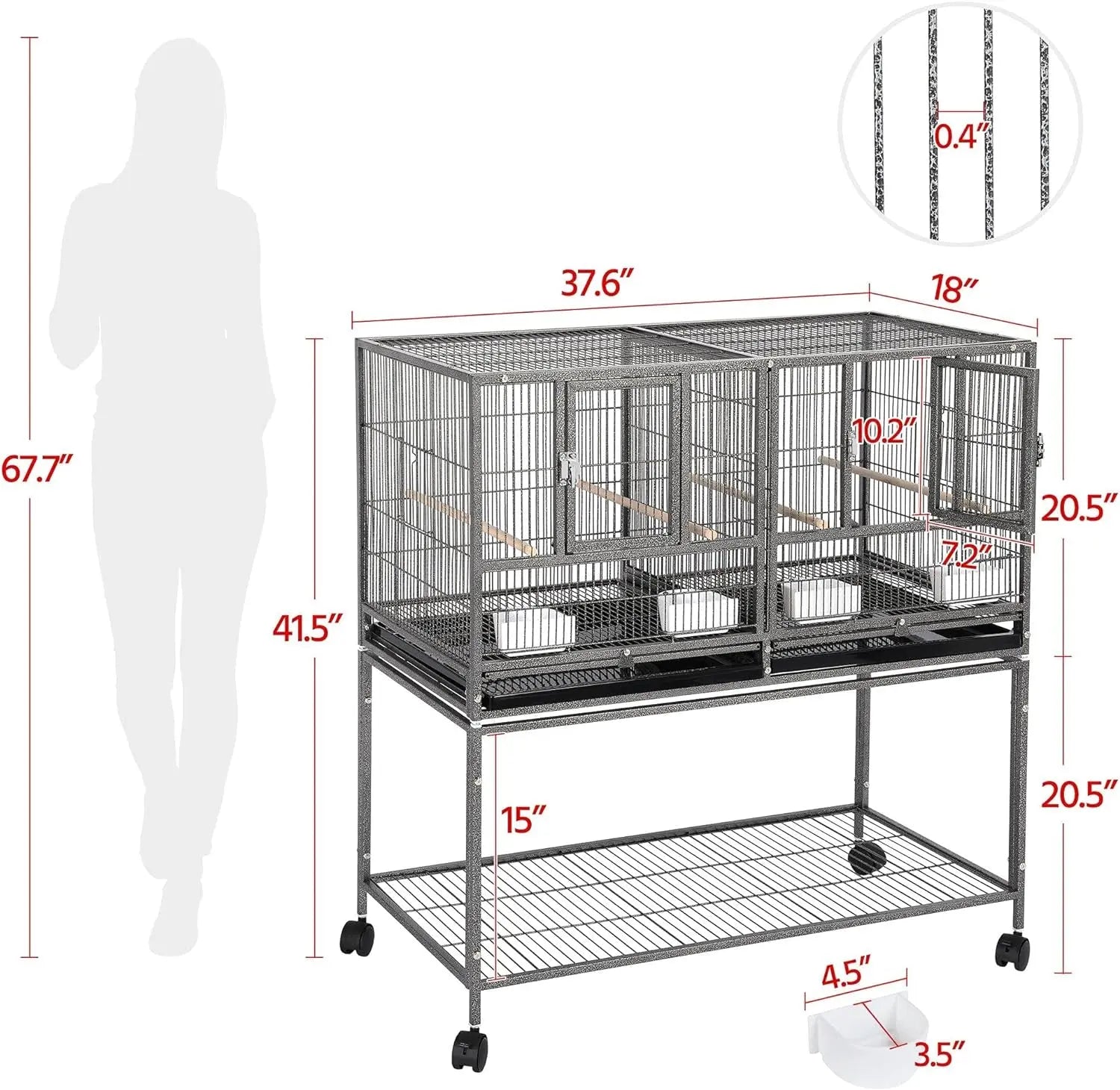 Large Stackable Divided Breeding Bird Cage (41.5") with Rolling Stand - Perfect for Cockatiels, Lovebirds & Budgies