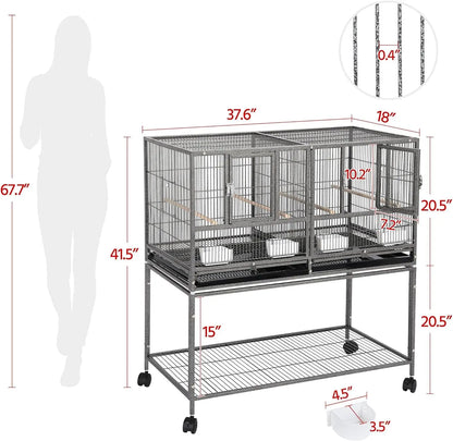 Large Stackable Divided Breeding Bird Cage (41.5") with Rolling Stand - Perfect for Cockatiels, Lovebirds & Budgies