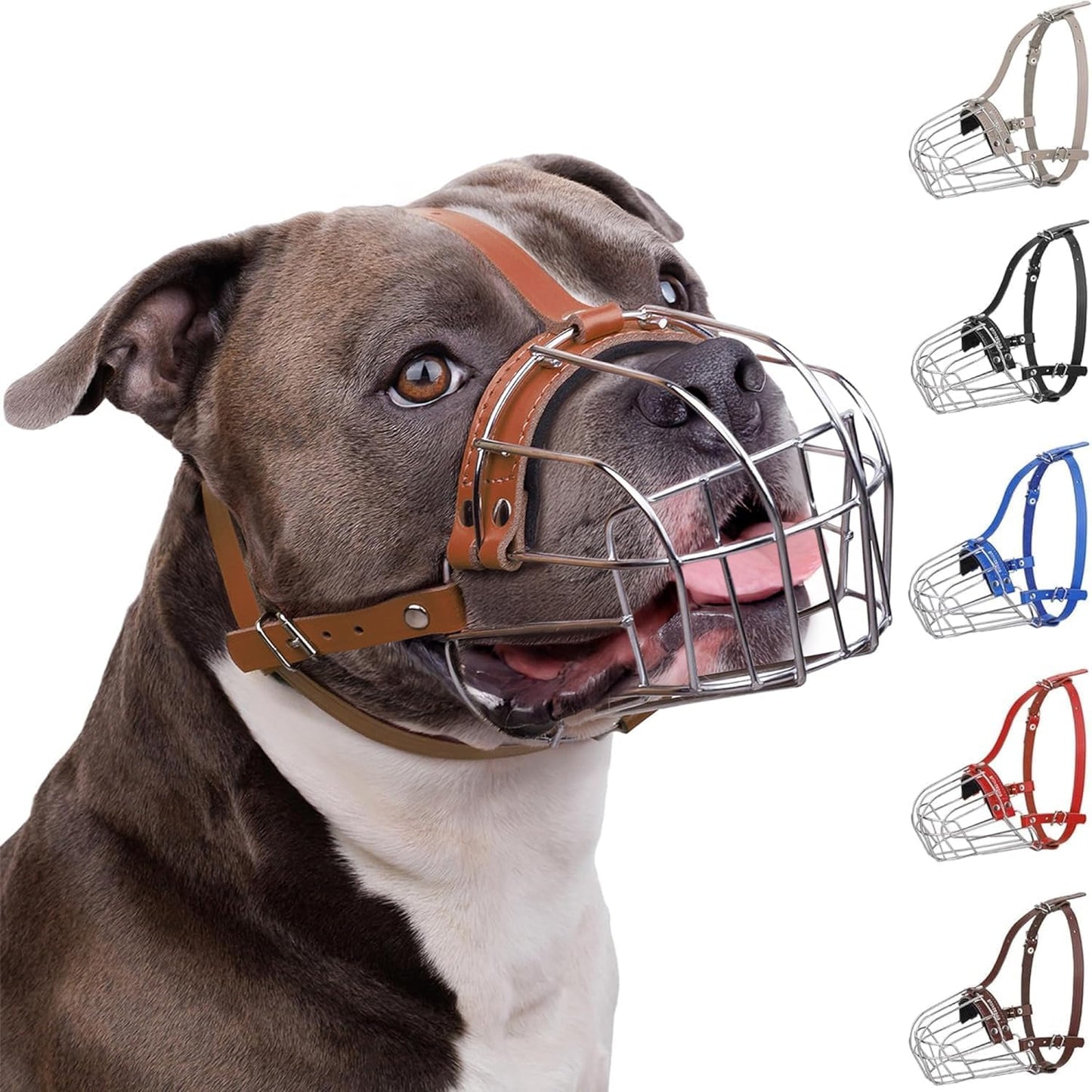 Breathable Metal Basket Dog Muzzle for Large Dogs with Leather Straps Leather, Brown