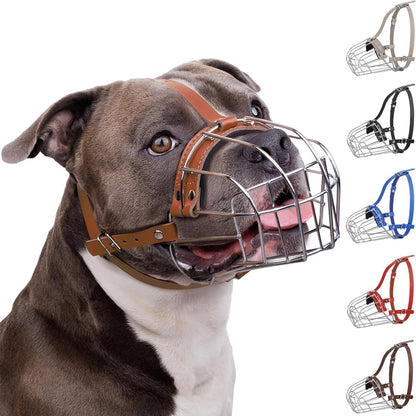 Breathable Metal Basket Dog Muzzle for Large Dogs with Leather Straps Leather, Brown
