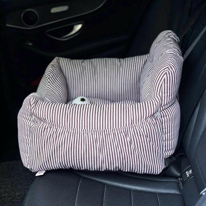 Safe & Cozy Car Rides: Dog Booster Seat with Storage (Coffee Stripe)
