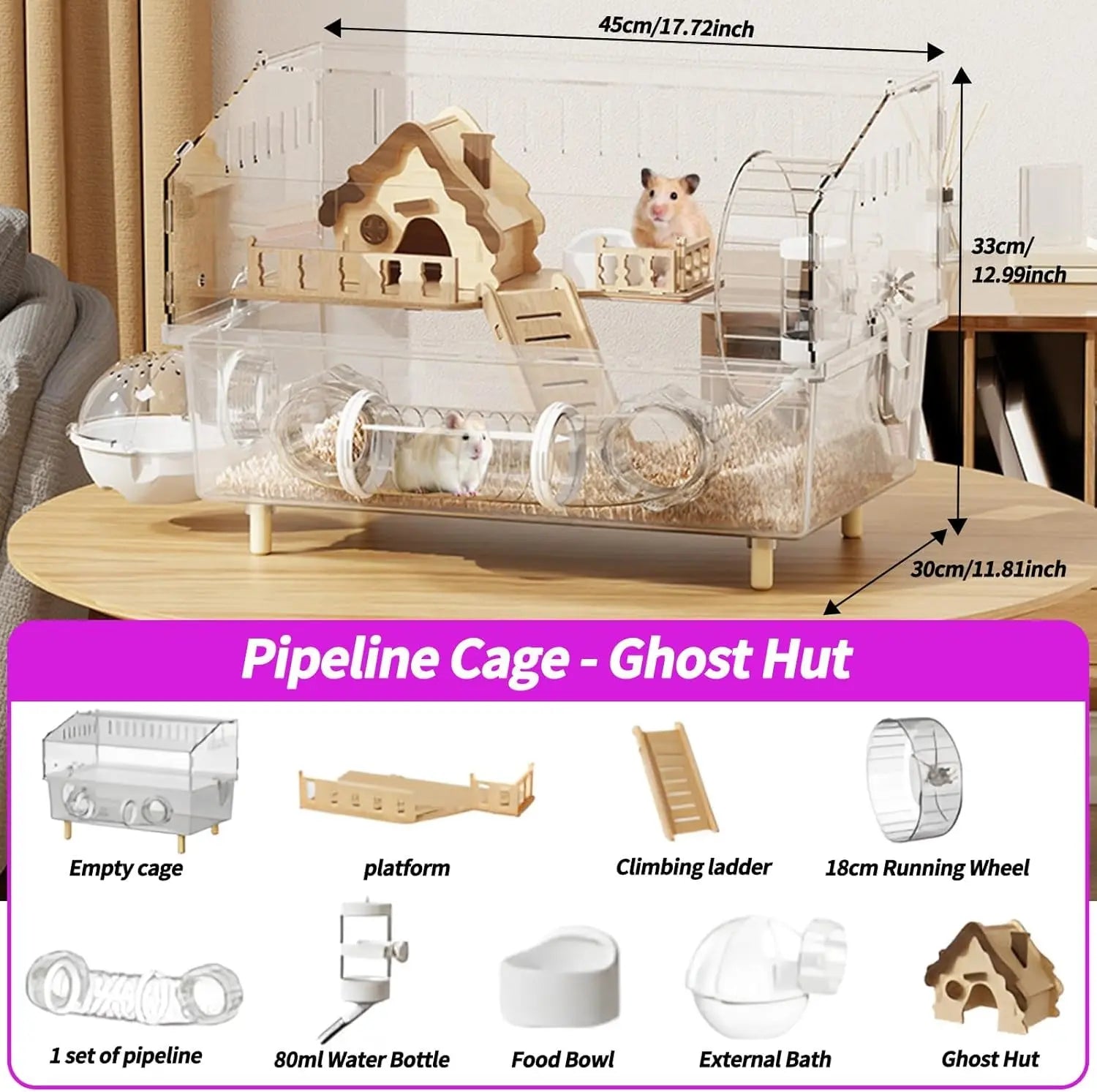 Large Acrylic Hamster Cage 17x11x13" Multi-Level Habitat for Hamsters & Gerbils