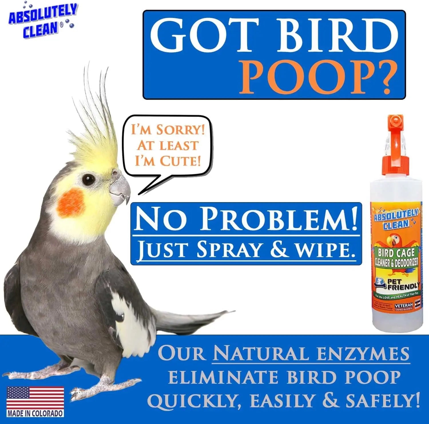 Premium Bird Cage Cleaner & Deodorizer – USA Made, Fragrance Free, Concentrate (16oz Makes 64oz)