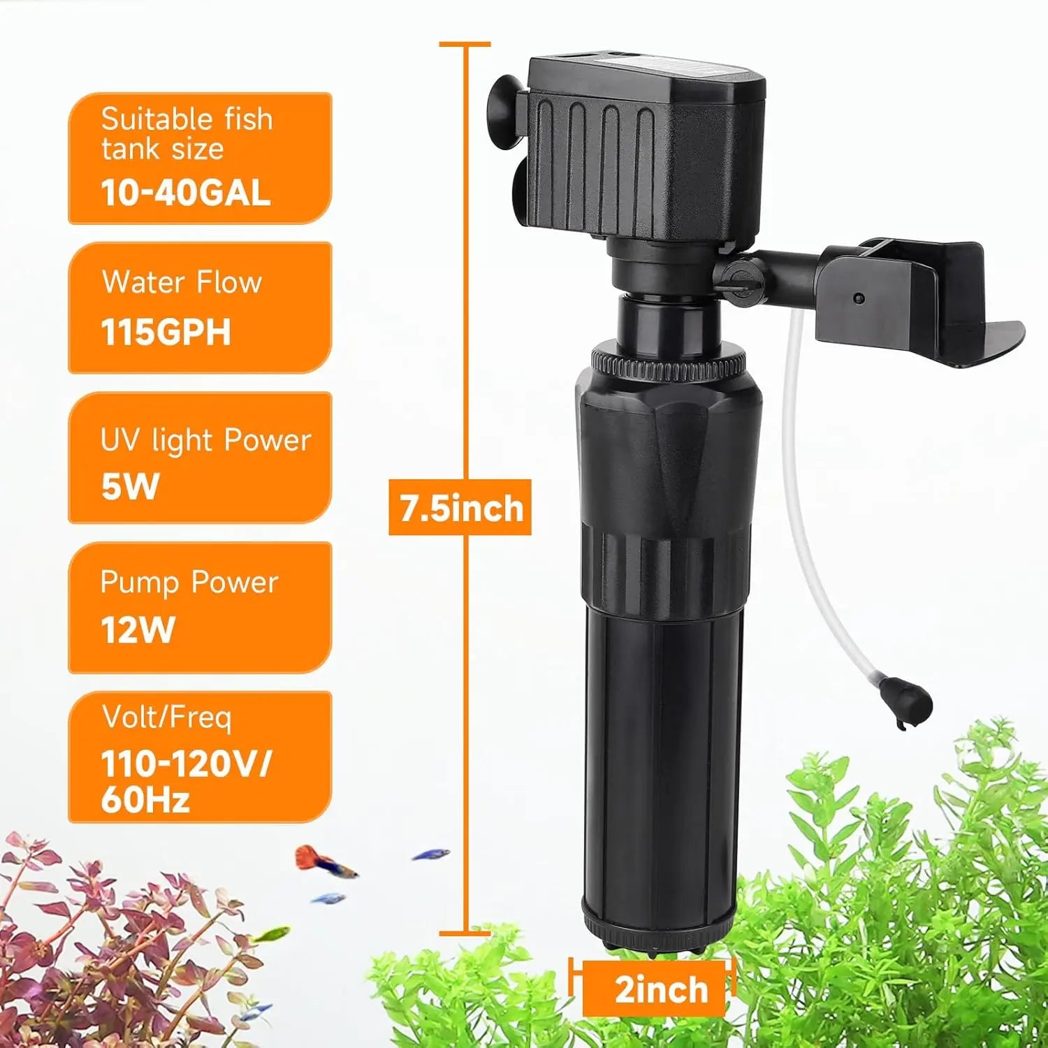 12W UV Aquarium Filter 10–40 Gallon Submersible 115GPH Fresh or Salt Water